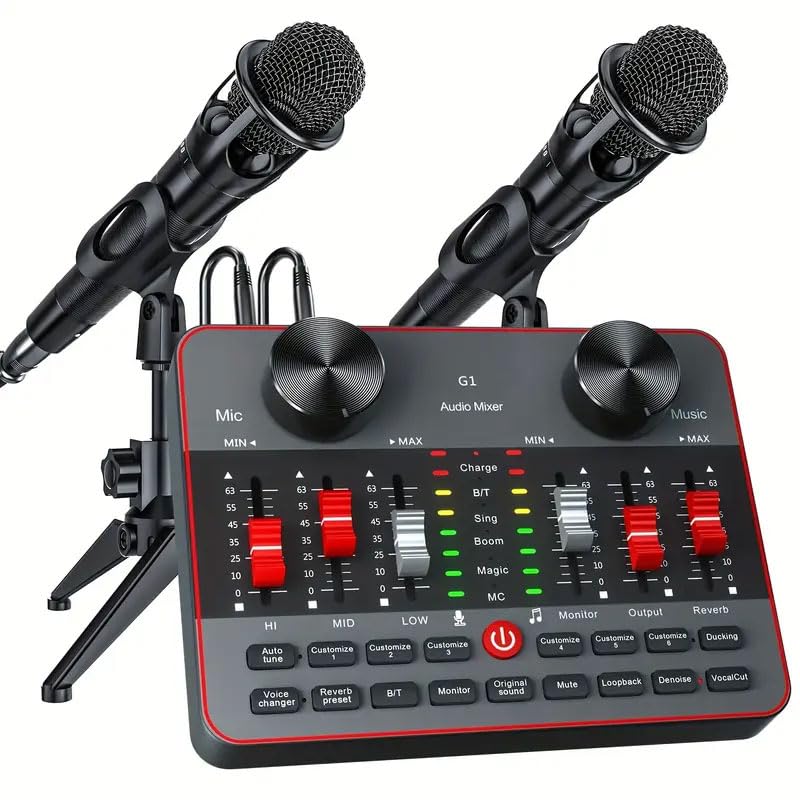 Image of Podcast Equipment Bundle with 2 Microphones, Audio Mixer Podcast Microphone Bundle studio,Audio interface with Voice Change,Podcast Recording,PC,Smartphone, (G1-E300-2MICS)