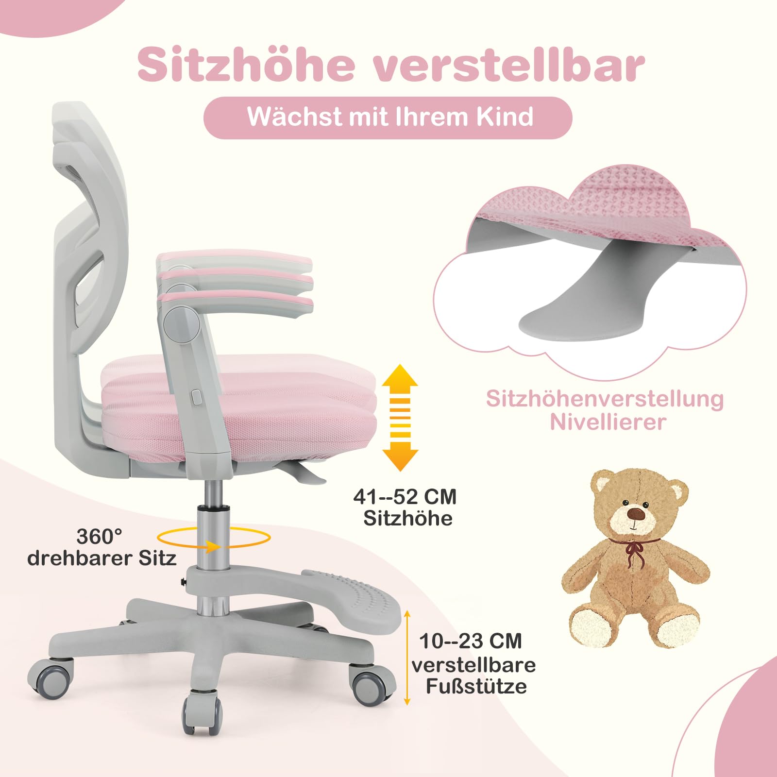 COSTWAY Schreibtischstuhl Kinder, Sitzhöhe 41-52 cm höhenverstellbar Kinderschreibtischstuhl mit klappbarer Armlehne & Fußstütze, Kinderdrehstuhl mit Rollen, Bürostuhl für Jungen & Mädchen ab 3 Jahren