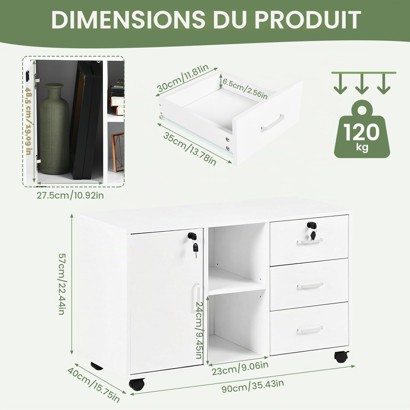 Buybyroom Caisson de Rangement, Meuble Bureau à 4 Roulettes, 3 Tiroirs, 2 Compartiments Ouverts à Étagères Réglables,Verrouillable Armoire sous Bureau pour Papier Administratif, Imprimante,Salon,Blanc