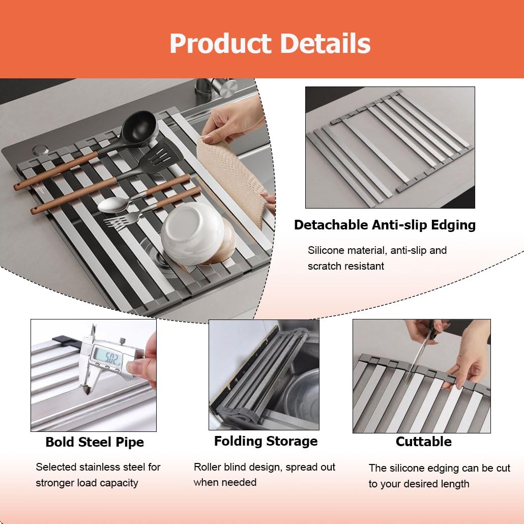 Escurridor de Platos Extensible de Acero Inoxidable 304 de 43,5/52,5 Pulgadas para Colocar sobre el Fregadero, Plegable, Antideslizante y Resistente al Calor.