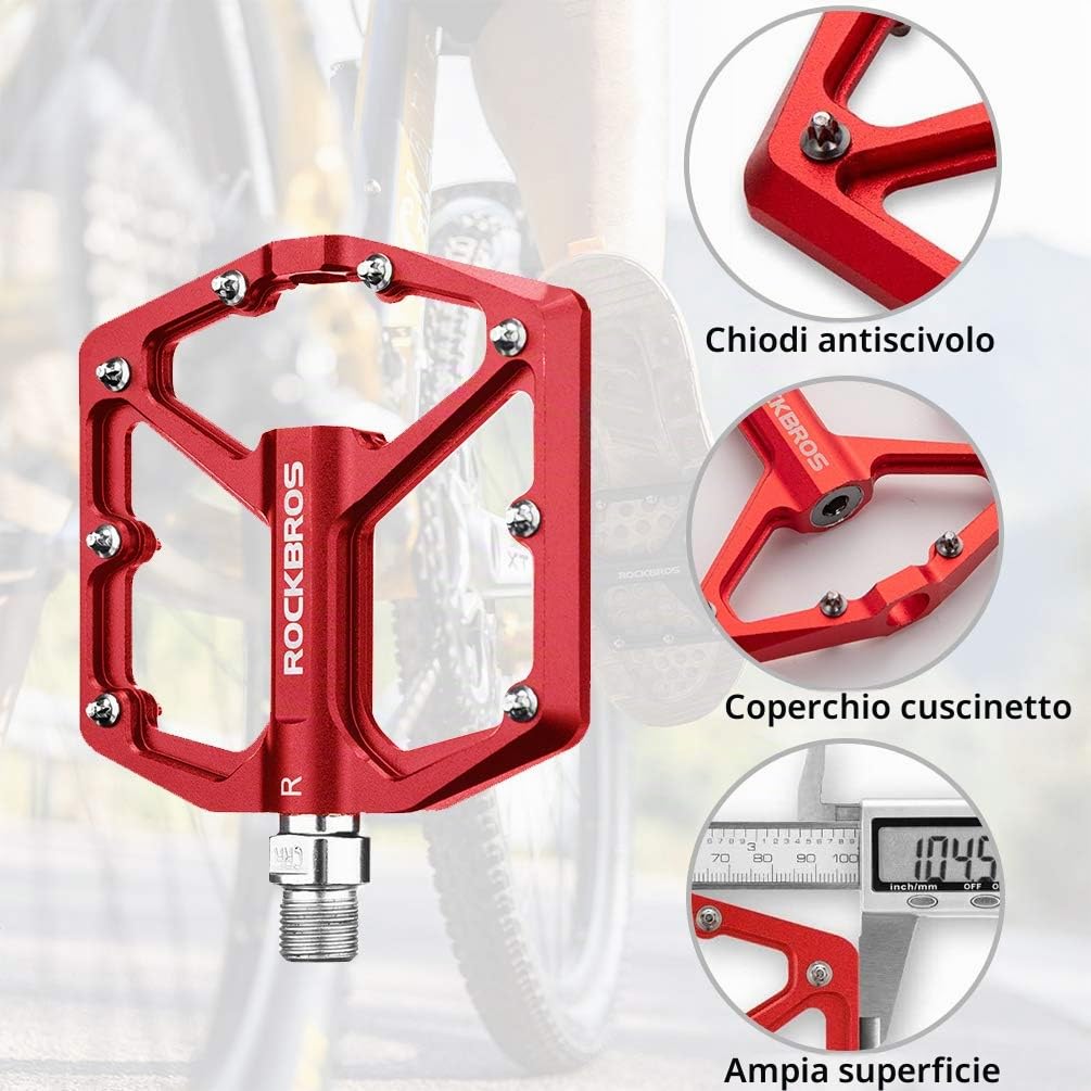 ROCKBROS Pedali per Bicicletta MTB in Alluminio Pedali Bici Ciclismo 9/16 pollici Universali Superficie Larga CNC Taglio Ultra-leggero Anodizzazione Antiscivolo