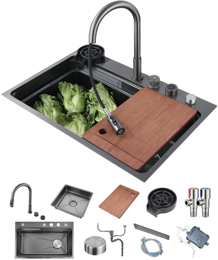 ZQFHSX Stainless Steel Waterfall Kitchen Sink With Pull-out Faucet Multifunctional Single Bowl Bar Counter Drain Basin Cutting Board And Cup Washer