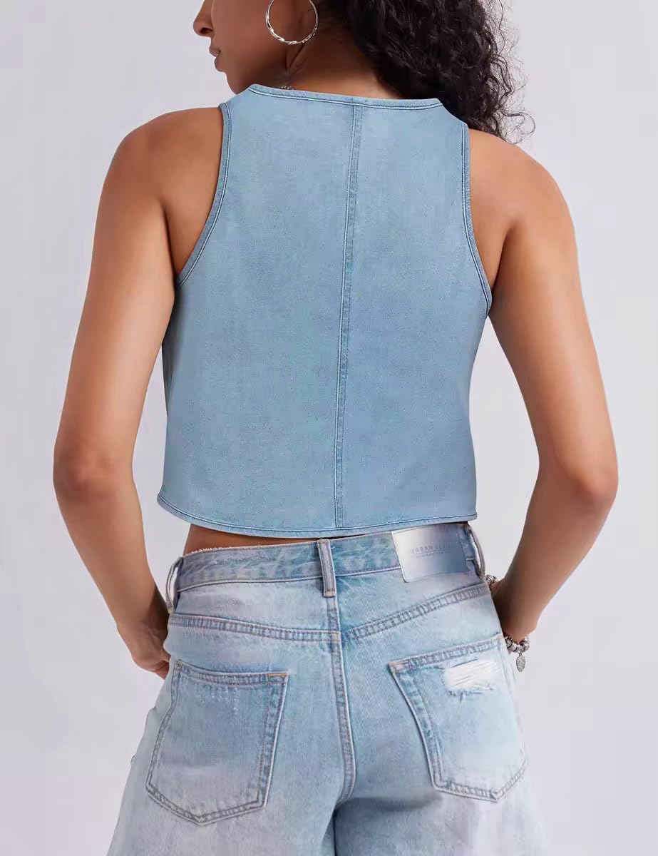 Womens Denim Vest Crop Sleeveless V Neck Denim Top Retro Tie Up Front Jean Vest - Image 3