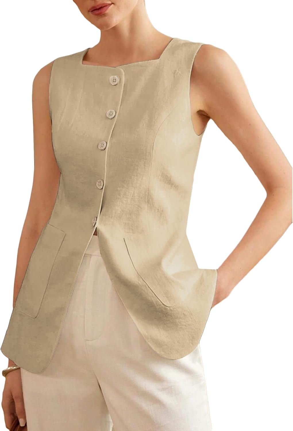 Mina Self 2026 Womens Summer Long Linen Vest Sleeveless Lightweight Fully-Lined Single Breasted Casual Work Tops Pockets - Image 2