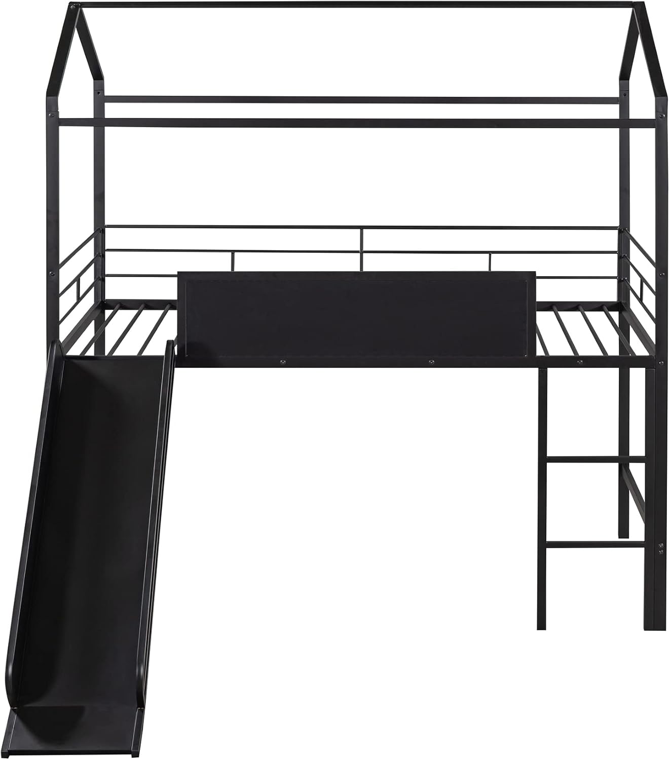 Harper & Bright Designs Twin Size Low Loft Bed for Kids, Metal House Bed with Two-Sided Writable Wooden Board, Low Loft Bed Frame with Ladder and Slide, No Box Spring Required, Slat Support, Black