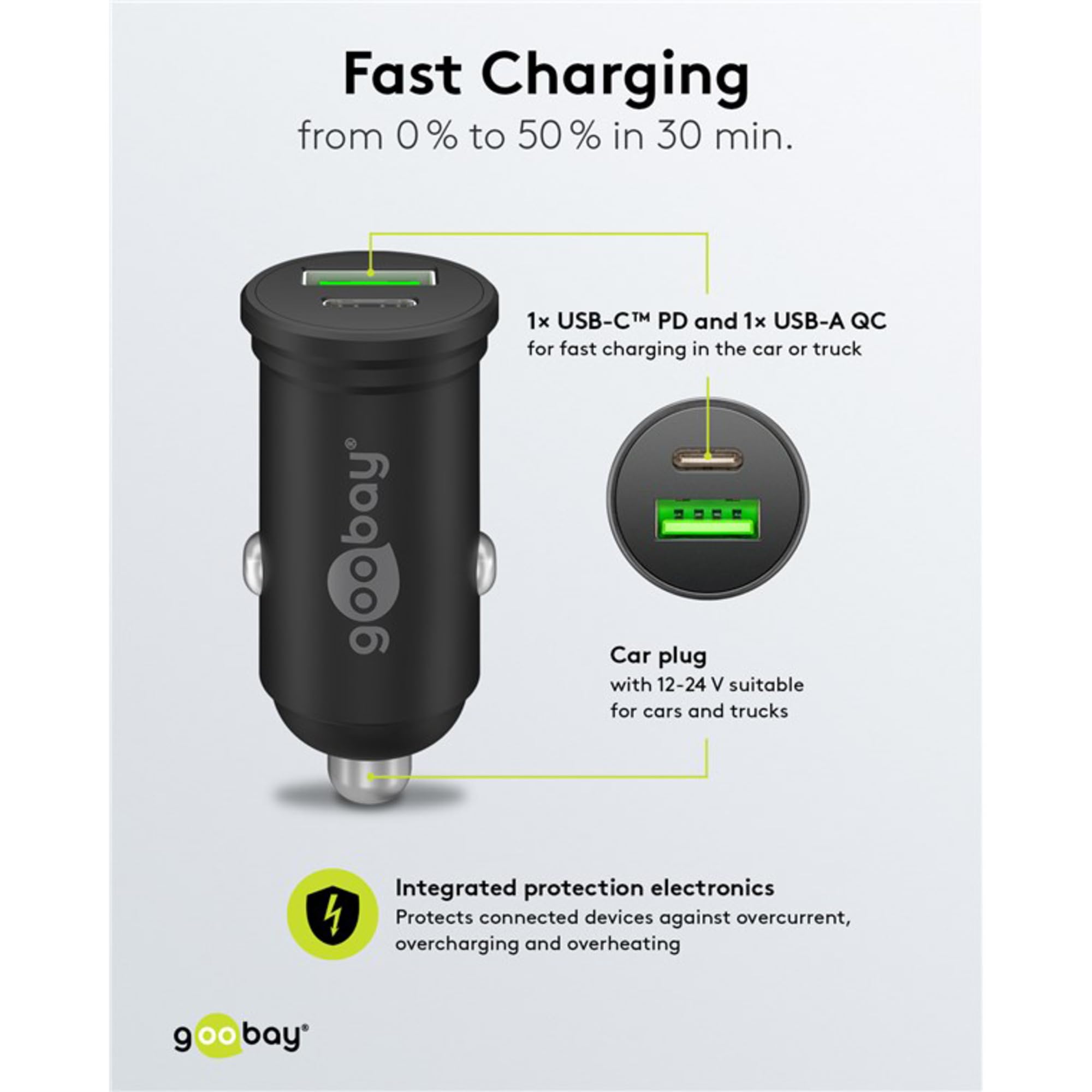 Goobay 61739 - Caricabatteria da auto Dual USB, ricarica rapida, USB 3.0 e USB-C/adattatore accendisigari per auto con erogazione di potenza 45 W a 12-24 V