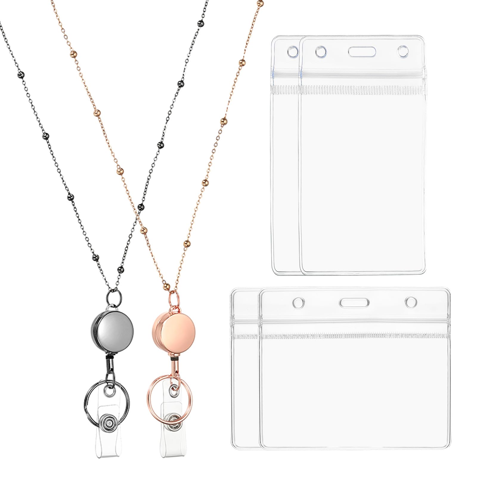 PATIKIL Badge Necklace Lanyard with ID Holder,2 Pcs 304 Stainless Steel Retractable Round Badge Reel Lanyard Clip Chain with 2 Set ID Holder for Woman