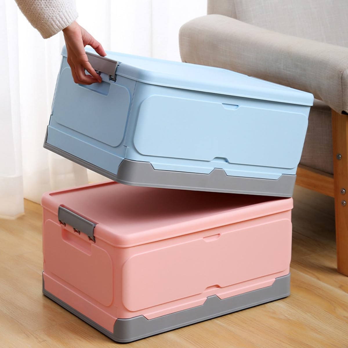 Faltbare Aufbewahrungsbox aus PP Kunststoff 47X34X23Cm mit Deckel und Schnallenverschluss für Esszimmer und Badezimmer Blau Vielseitiger Organizer