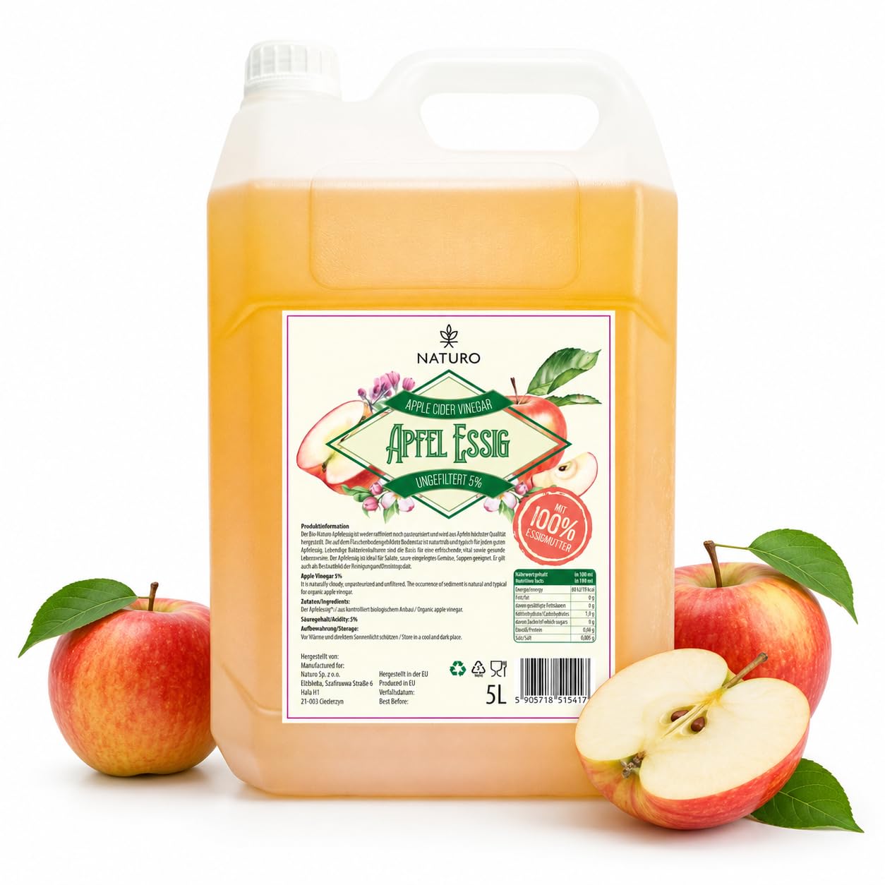 Naturo - Apfelessig Naturtrüb 5L – Hochwertiger Essig Ungefiltert 5% - Essigmutter Großer Vorratspackung - 100% natürlich, ohne Zusatzstoffe - ideal für Salate, Saucen und Gesundheitsvorteile