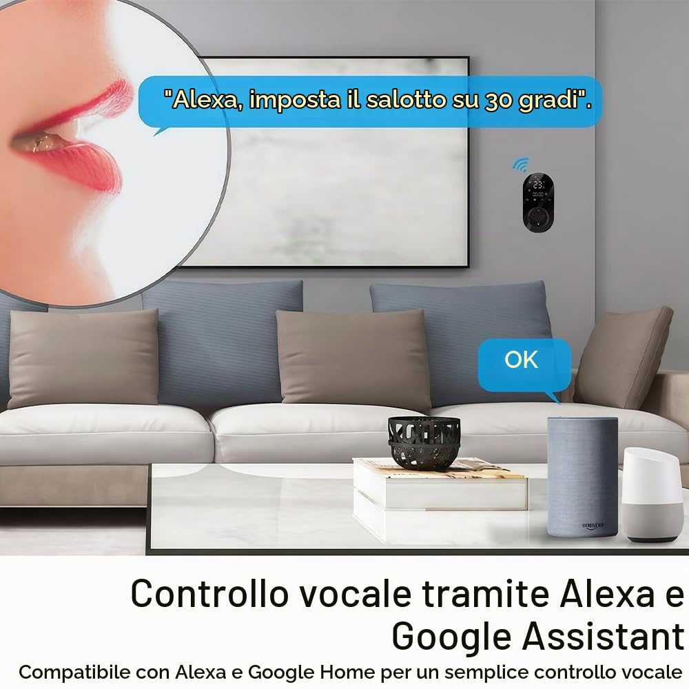 Wi-Fi Thermostat - Serie 12 Termostato Touchscreen Programmabile per Condizionatori d'aria a 4 tubi - Controllo Remoto dal Cellulare, Compatibile con Alexa, Google Home e IFTTT