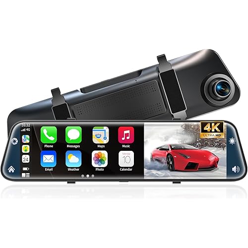 4K Rear View Mirror Camera with Carplay&Android Auto,12" Mirror Dash Cam Front and Rear with Voice Control for Cars&Trucks,Smart Touch Screen,64GB Card Included/Loop Record/Reverse Assist