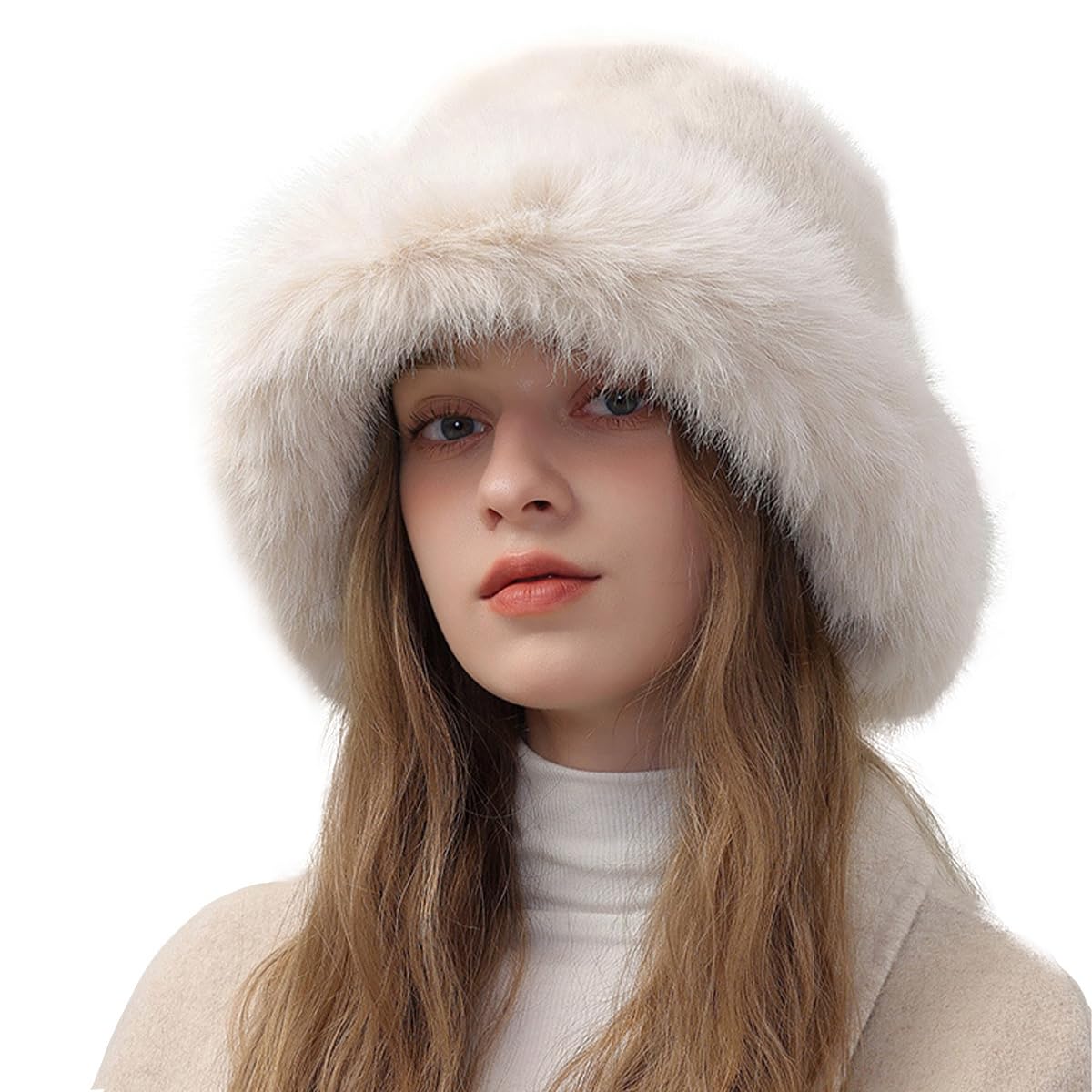 BSYLOO Fluffy Faux Fur Winter Bucket Hat for Women - Soft & Warm Plush Fisherman Hat, Cozy & Cute Beige
