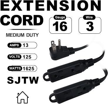 EP 1 Ft 16/3 3 Outlet Extension Cord with Flat Plug 2 Pack, Black | 16 Gauge 3 Prong Grounded, SPT-3 Power Cable for Indoor Use, ETL Listed