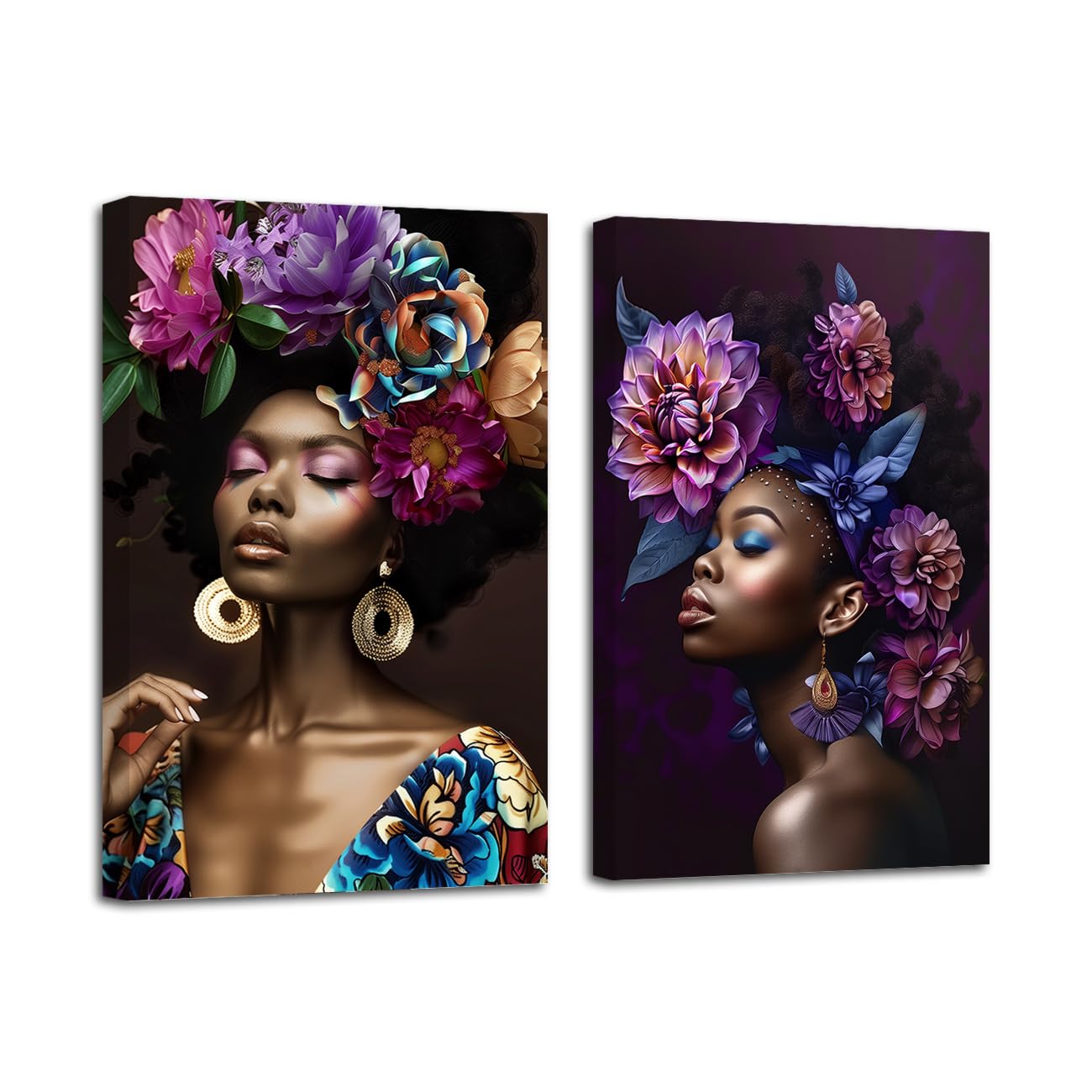 LZIMU Afroamerikanische Bilder 2-teilig Leinwandbilder mit schwarzem Mädchen abstrakte schwarze Frauen Kunstdrucke gerahmte Wohndeko (Orange, 60x90cmx2 Teilig)