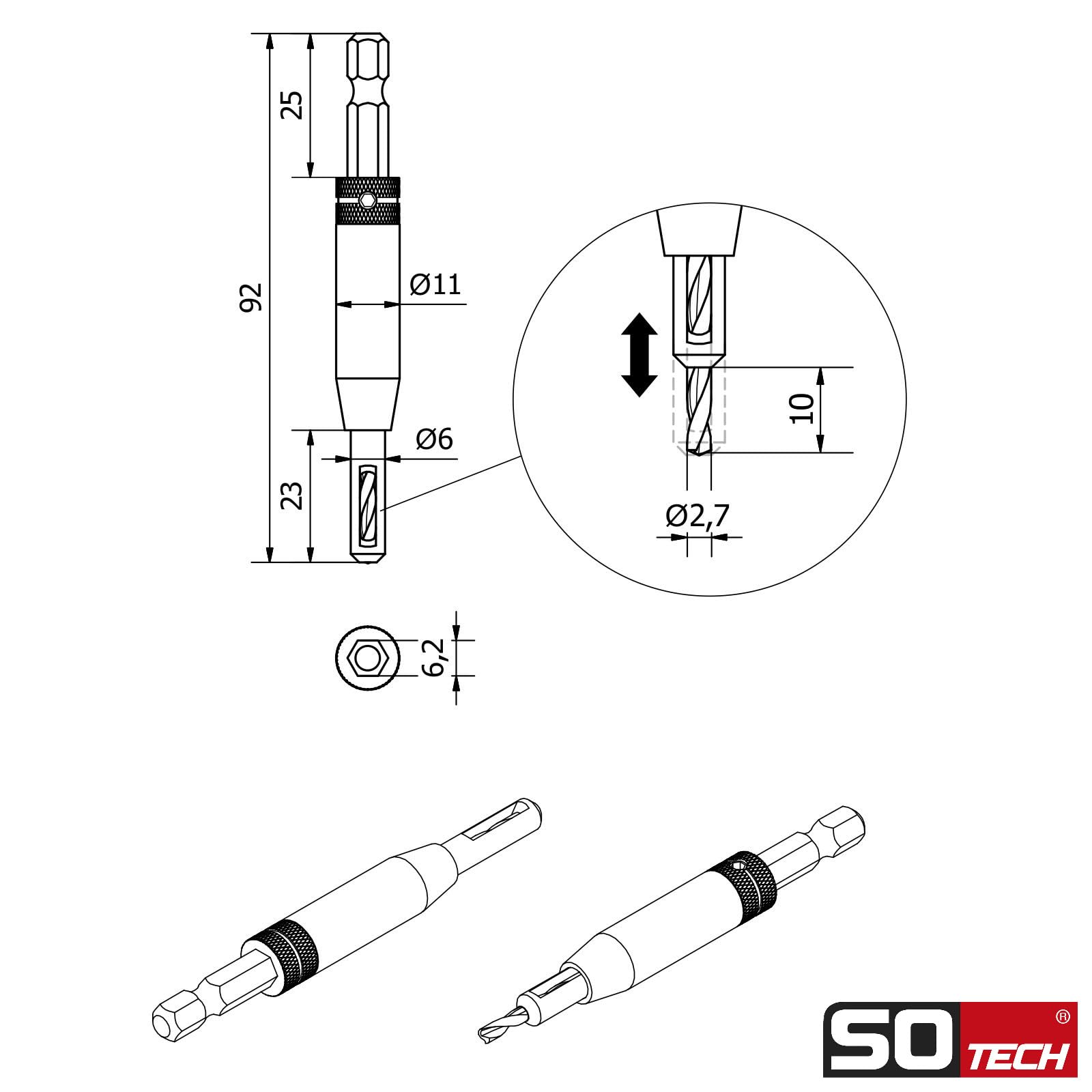 SOTECH punta di centraggio Ø 2,7 mm HSS4241 acciaio con codolo esagonale Ausilio per la foratura di cerniere con bussola di guida a molla