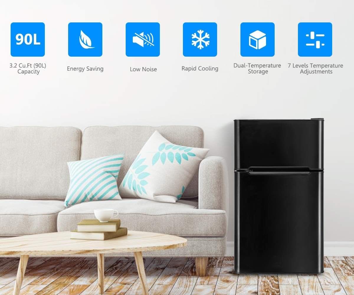 Safeplus Compact Refrigerator, 3.2 cu ft. Unit Cold-rolled Sheet Mini Refrigerator with freezer, Dorm fridge with Adjustable Removable Shelves