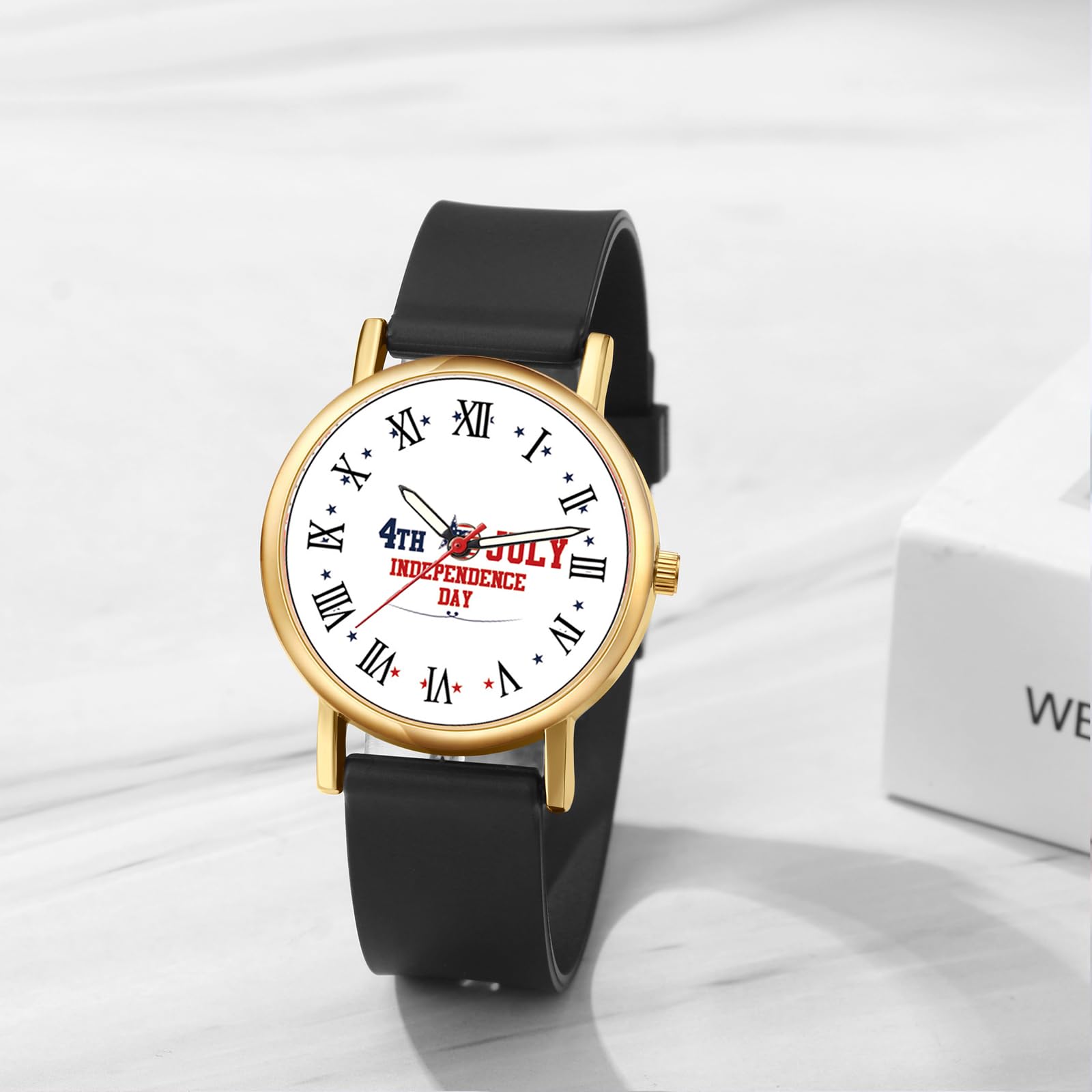 JewelryWe Zegarek damski silikonowy zegarek damski: 10 sztuk US Dzień Niepodległości Analogowy Zegarek Kwarcowy Zegarek na rękę Kobiety Czarny Guma Bransoletka Ultracienki zegarek na co dzień z