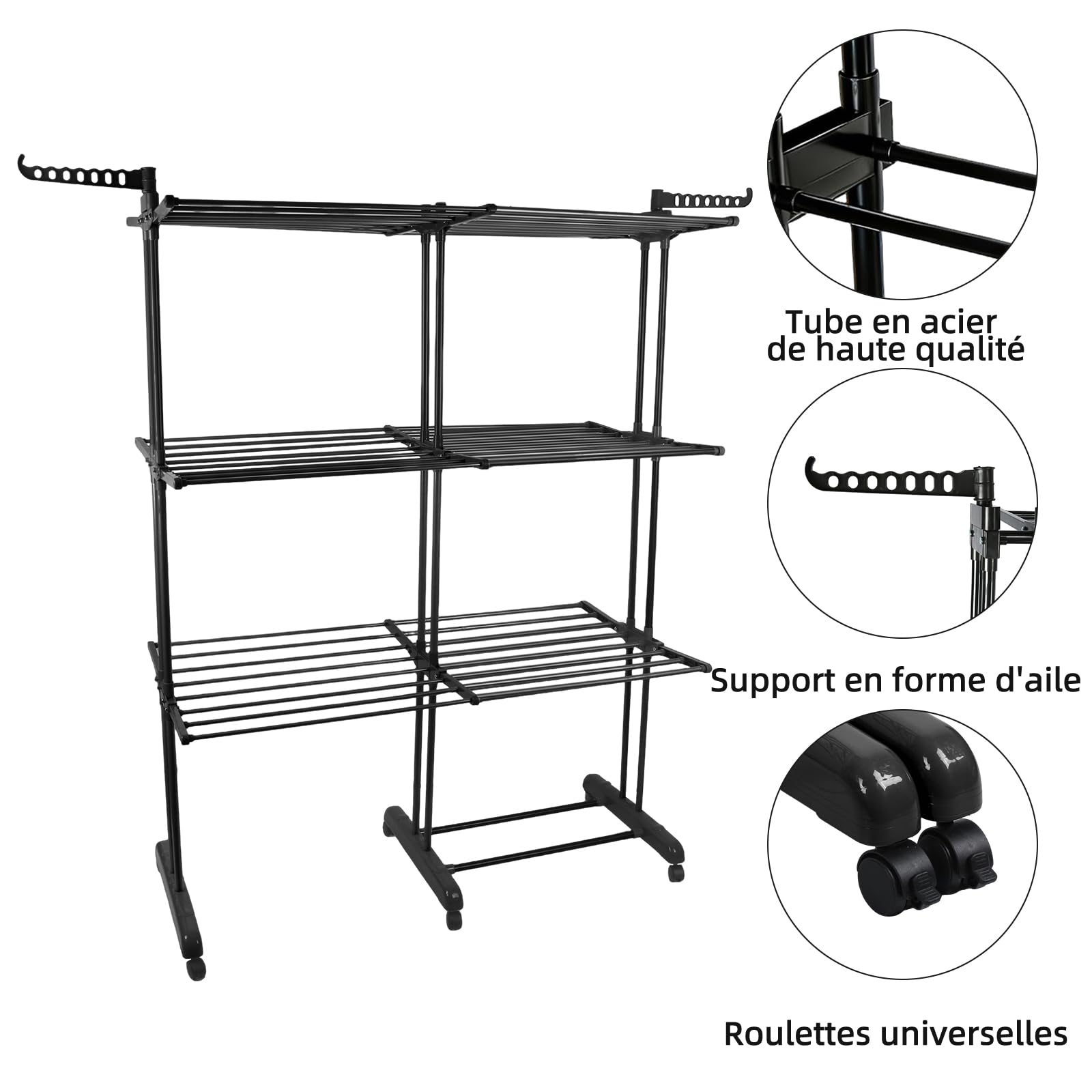 HUOLE Séchoir à Linge Tour Peu encombrant, étendoir à Linge Extensible, Table de Lavage Pliable pour l'intérieur et de Grandes familles,49 x (75-132) x 170 cm (Noir + Tube Noir)