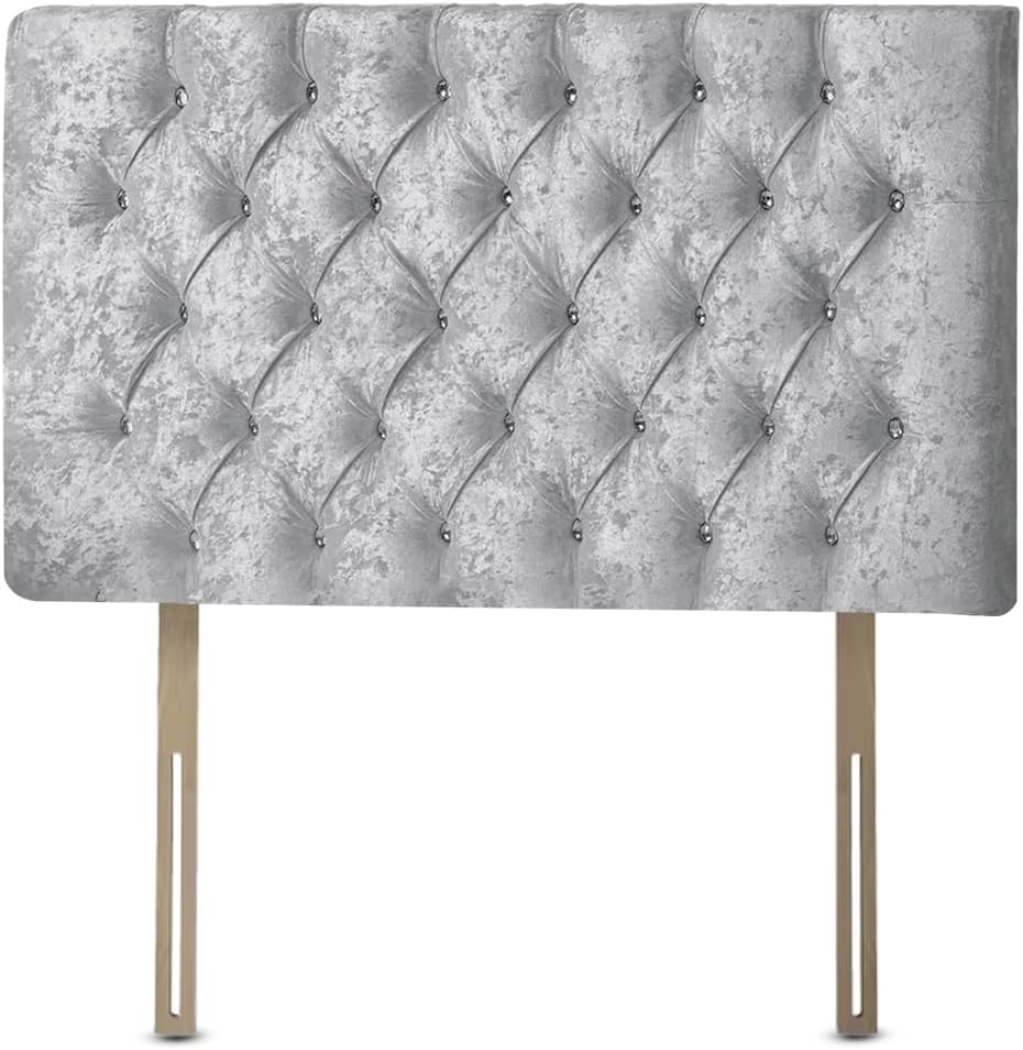 Chesterfield Diamante Frame Divan Bed Headboard | Crushed Velvet Headboards for 4ft6 Double Size Bed | Elegant design with wooden material headboards for beds (Silver, 4ft6 Double Height-20inch)