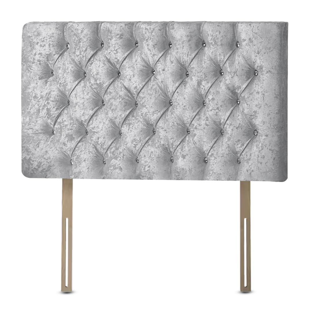 Chesterfield Diamante Frame Divan Bed Headboard | Crushed Velvet Headboards for 4ft6 Double Size Bed | Elegant design with wooden material headboards for beds (Silver, 4ft6 Double Height-20inch)