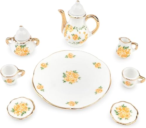 Miniatura 10 de Juego de tazas de té de casa de muñecas a escala 16 accesorios de casa de muñecas 8 piezas patrón de flores juegos de platos de tetera casa de
