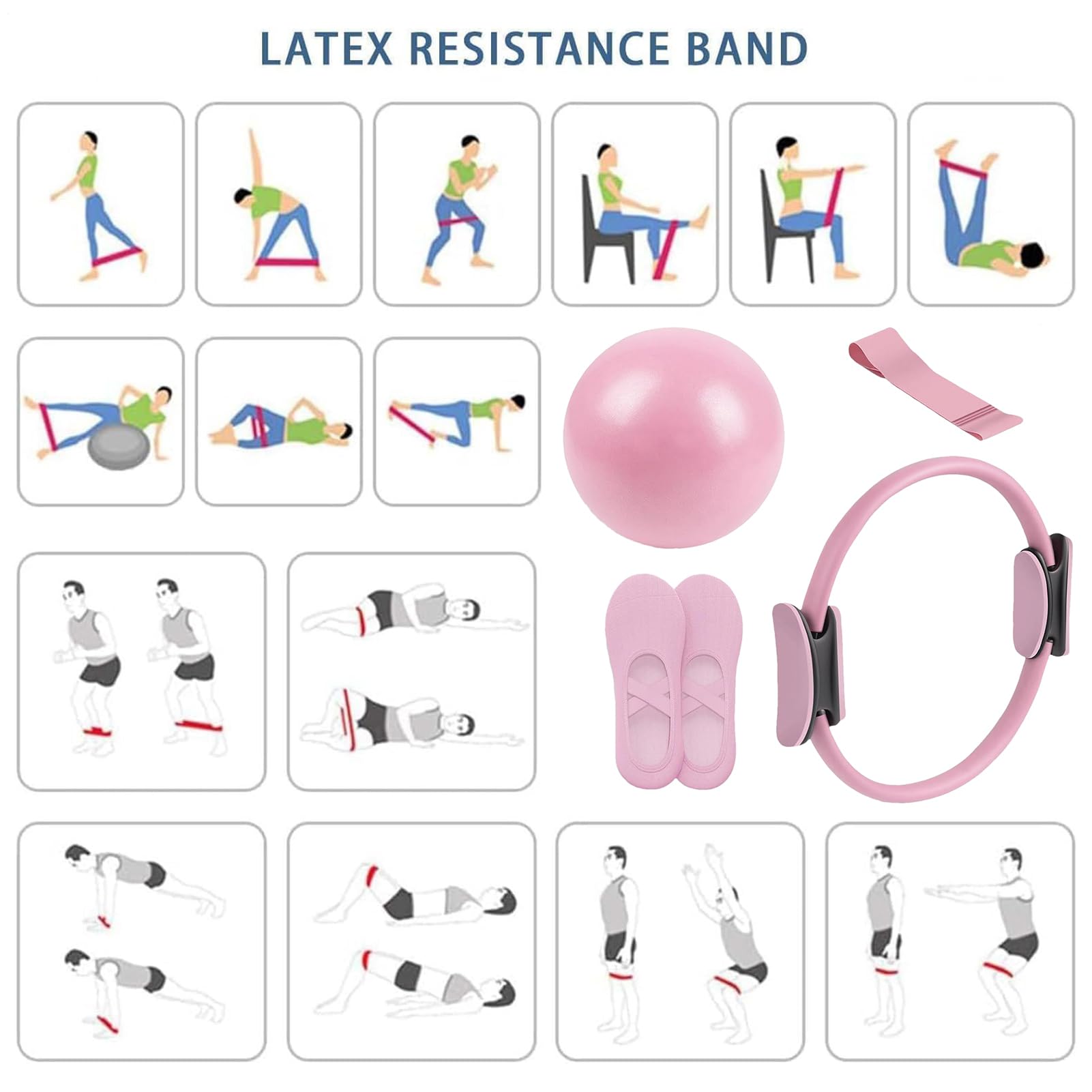 5 Pezzi Impostare Kit Pilates Casa | Pilates Essential Kit | Anello Pilatess, Pallone Yoga, Fascia di Resistenza, Kits Fitness Domestico, Equipaggiamento Fitness Yoga