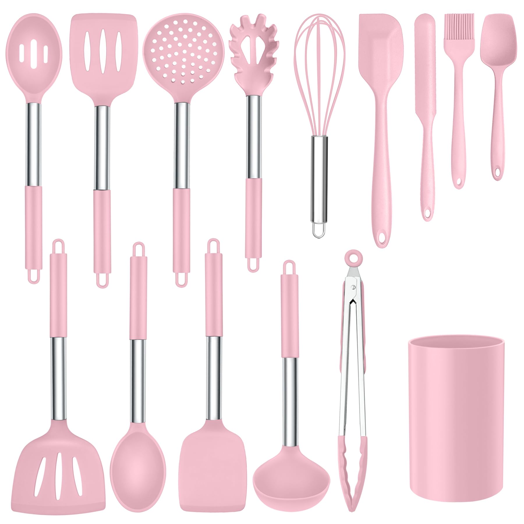 Silicone Utensils Set, Onader 15pcs Kitchen Cooking Utensils with Holder, Non-stick Cookware with Stainless Steel Handle, Kitchen Gadgets Tools Gift - Pink
