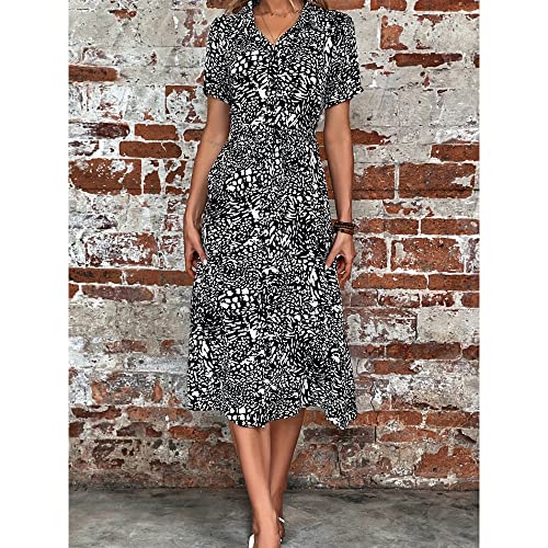 Image of BROVAVE Women's 2026 Summer Short Sleeve Work Dresses Tie Waist Button Down Animals Print Midi A-Line Shirt Dress