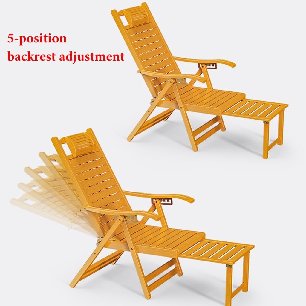 GIZNXBA Patio Lounge Chair, Folding Reclining Chair Wood Beach Chair with Retractable Footrest, Zero Gravity Chairs Space-Saving Ergonomic Deck Chair for Garden, Poolside, Patio (Color : /Brown)