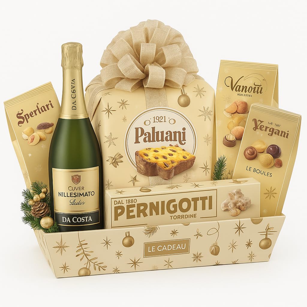 Cesto Natalizio Vassoio Merry Christmas con Dolci Tipici, Cioccolato, Torrone e Spumante Dolce, Confezione Regalo Elegante e Raffinata per Natale, Idea Regalo Gourmet per Famiglie o Aziende