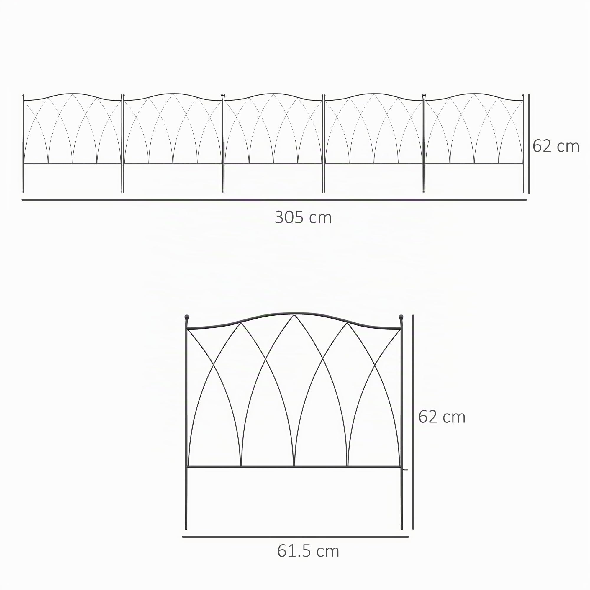 Outsunny Set Recinzioni da Giardino 5 Pannelli con Lacci 305x62 cm Nero | Recinzione Decorativa Esterna in Metallo, per Giardino, Cortile, Prato e Aiuola
