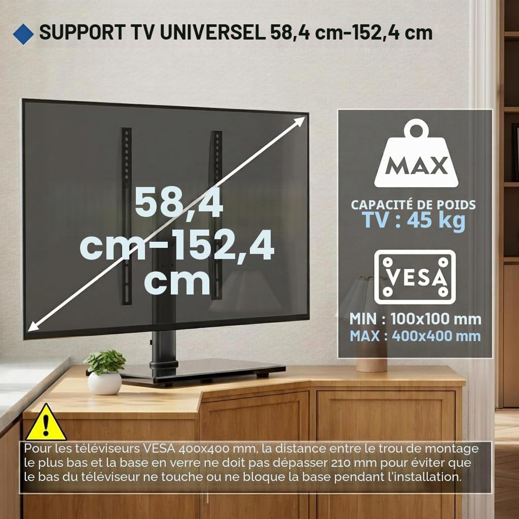 BONTEC Support TV sur Pied de 23 à 60 Pouces LCD/LED/Plasma Jusqu’à 45 kg, Pied TV Universel Hauteur Réglable avec Base en Verre Trempé de 8 mm, Max VESA 400x400 mm