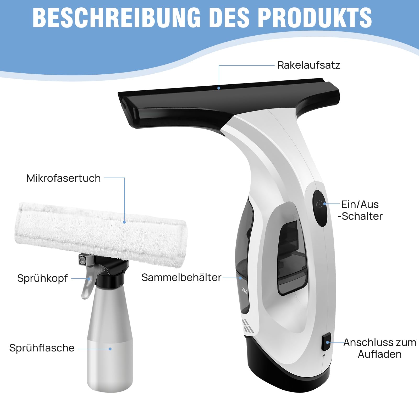 HSHa Aspirateur de fenêtre sans fil rechargeable, raclette de 28 cm et vaporisateur, 2000 Pa Aspirateur à main sans fil pour paroi de douche, miroir, raclette de douche électrique