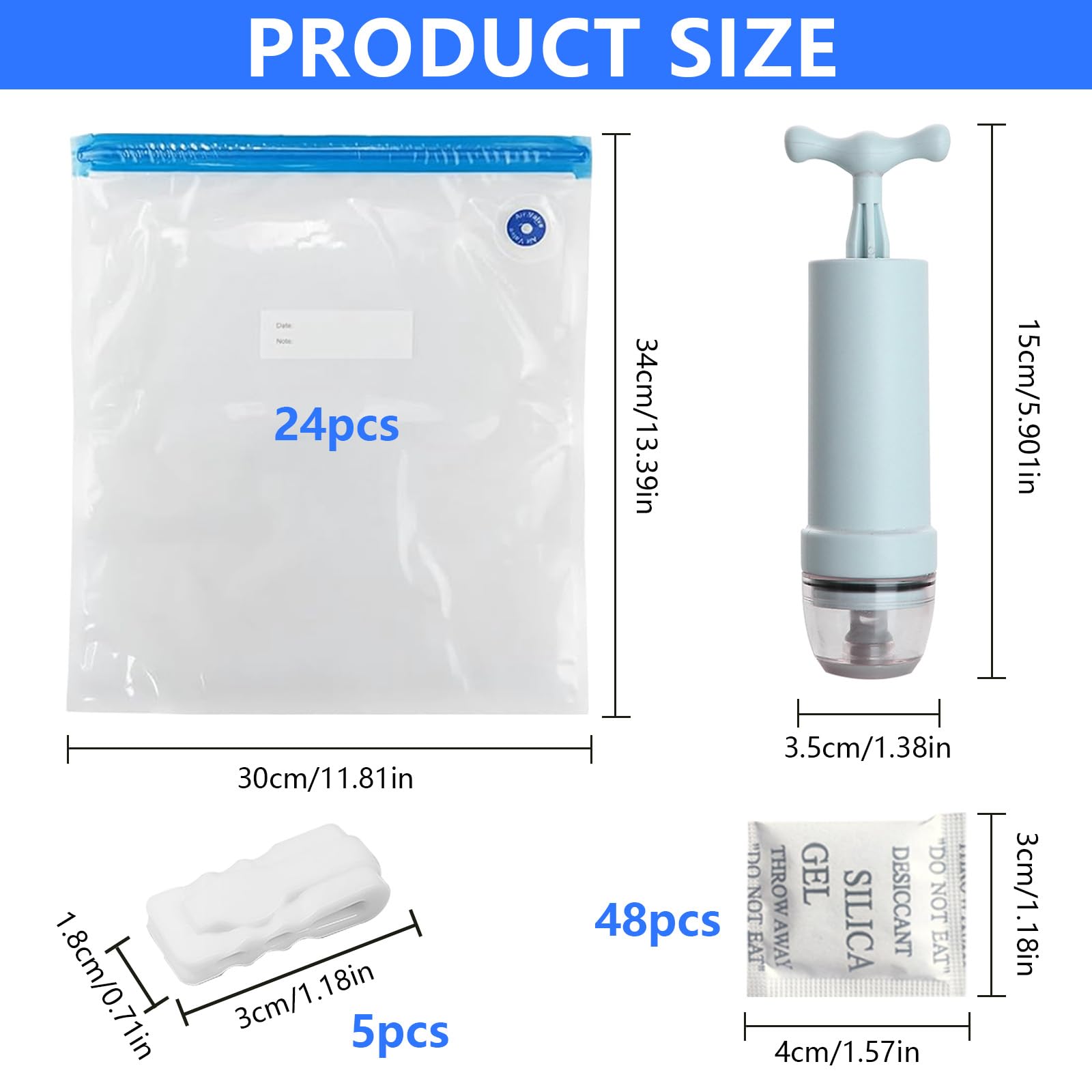 YOUNGSAY 24 Sacchetti Sottovuoto per Filamenti 3D + 48 Essiccante, 34 x 30cm Sacchetti Sottovuoto per Filamenti per Stampante 3D con Pompa Manuale e Clip di Tenuta per PLA ABS PETG TPU