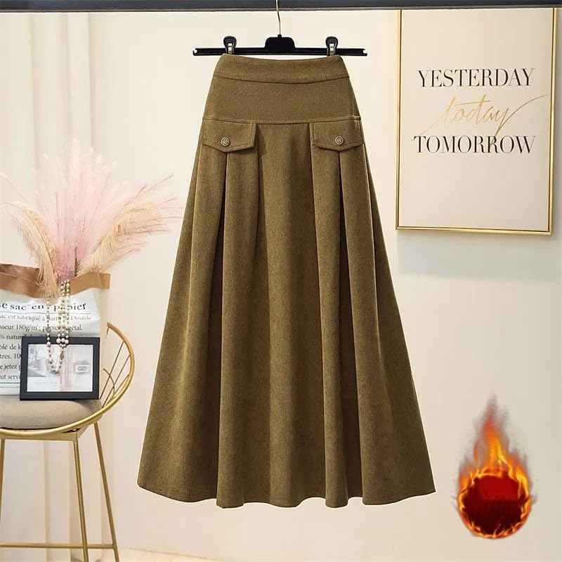 Falda Larga De Pana De Invierno para Mujer, Elástica, De Cintura Alta, Gruesa, Cálida, Informal, Elegante, De Corte A, Plisada, Midi con Bolsillos