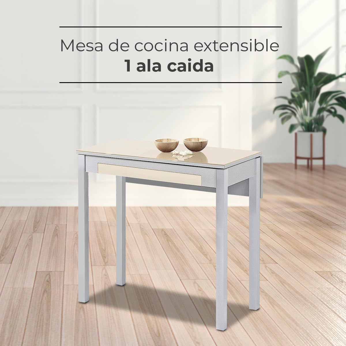 Mesa de Cocina Extensible 1 ala caída - 80x40 cm (80x60 cm) - Estructura y ala caída Color Aluminio - Tapa Cristal Color Beige