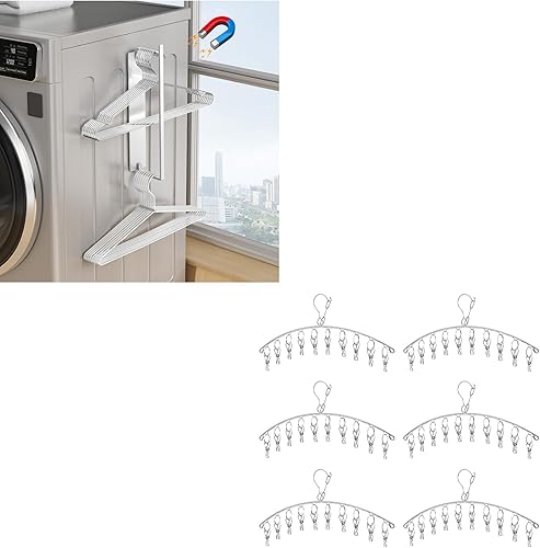 Percha de ropa con 10 clips, estante de secado de ropa, paquete de 6 perchas de acero inoxidable para calcetines y colgador, organizador magnético