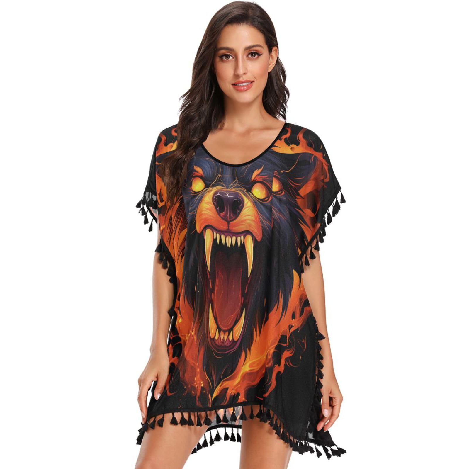 Fire Cool Animal Sloth Bear Women's Beach Cover Up Chiffon Tassel Swimwear Swimsuit Coverups for Girl
