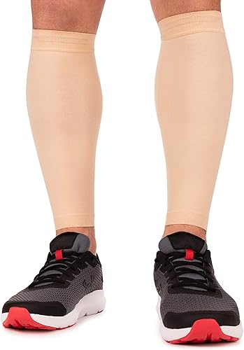 KEMFORD Manga de compresión de pantorrilla para hombres y mujeres, mangas de espinillera para piernas, pantorrillas, correr, ciclismo, Beige