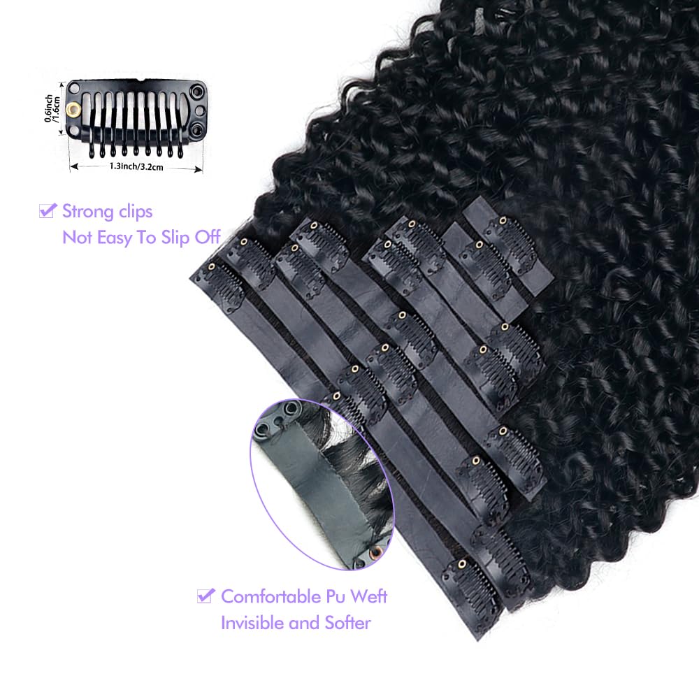 Seamless 3C 4A Kinky Curly Clip In Extension PU Weft Curly Clip in Extension Human Hair Clip Ins Full Head for Black Women Brazilian Remy Human Hair Natural Color 8Pcs with18clips 120g/Set (18 inch)