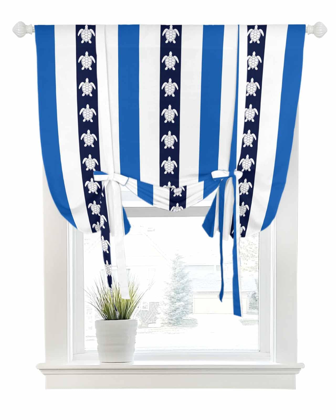 Tie Up Curtains for Windows Retro Marine Turtle Rod Pocket Tie-Up Window Shade Adjustable Balloon Curtain Valance Classic Blue White Stripe for Bedroom Kitchen Bathroom Blinds,42x45in