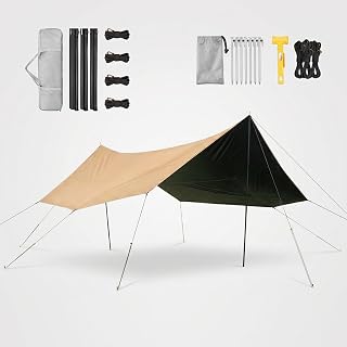 Tienda Cocina Camping, Toldo Playa Antiviento, Refugio Tarp Supervivencia 440x450cm, con Palos, 99% Protección UV, con Cuerdas Antiviento, Avance Caravana Exterior(Opaline,4.4x5.6m)