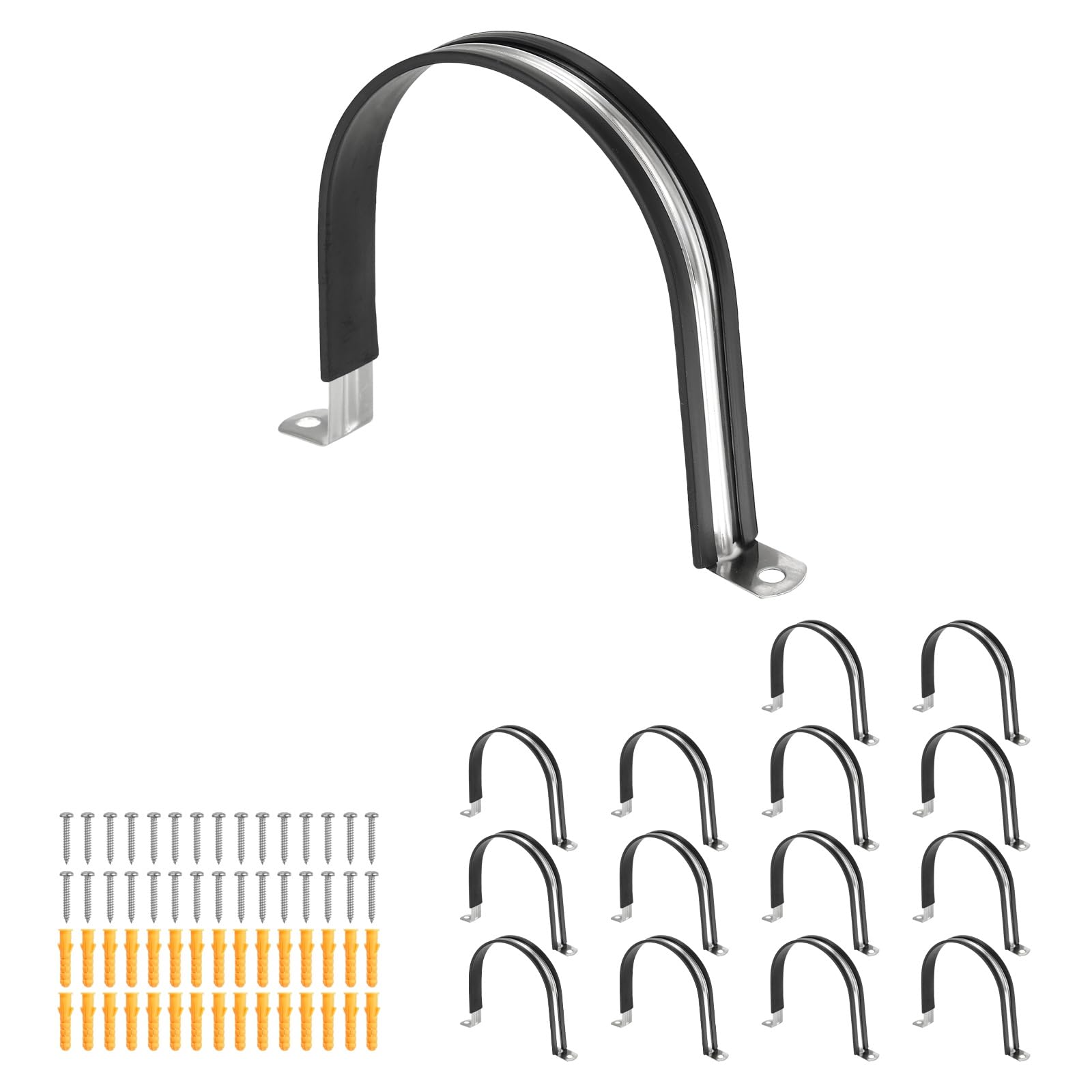 sourcing map 15 Pcs Pipe Strap Clamp, 114mm(4.49") Rubber Cable Clamp Rubber Cushioned 304 Stainless Steel U Bracket Tube Holder Support with Screws for Water Pipe HVAC Cable Management