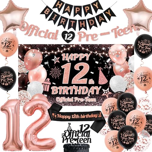 Aurmonigo 12th Birthday Decorations for Girls - Black Rose Gold Official Pre-Teen Banner Number 12 Balloons Cake Topper Set Happy 12th Birthday Sash Party Supplies for 12 Year Old