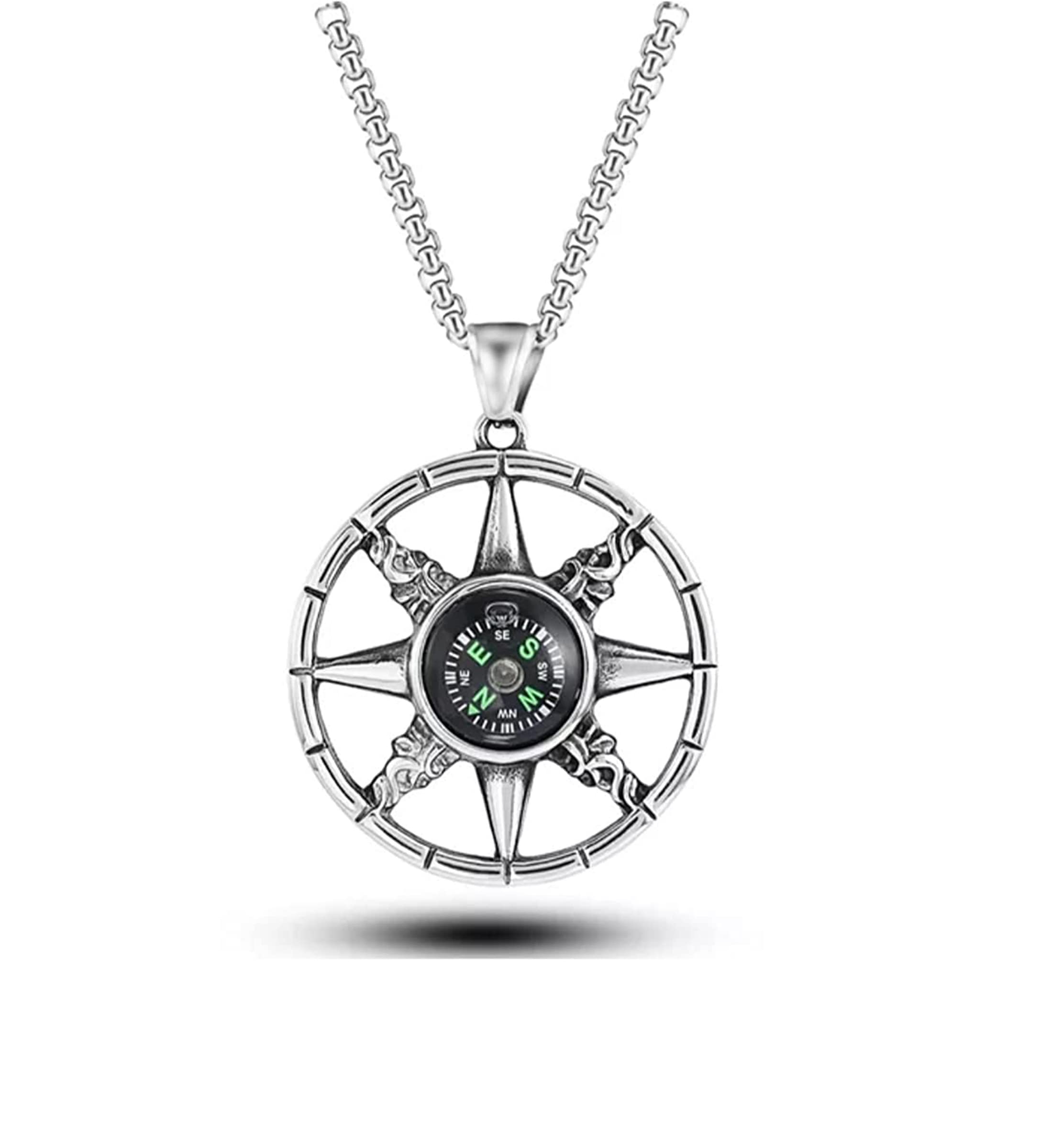 Silver Stainless Steel Titanium Box Chain Compass Pendant Unique Design Necklace for Mens and womans (B0BTB39YY3) Amazon Price History, Amazon Price Tracker