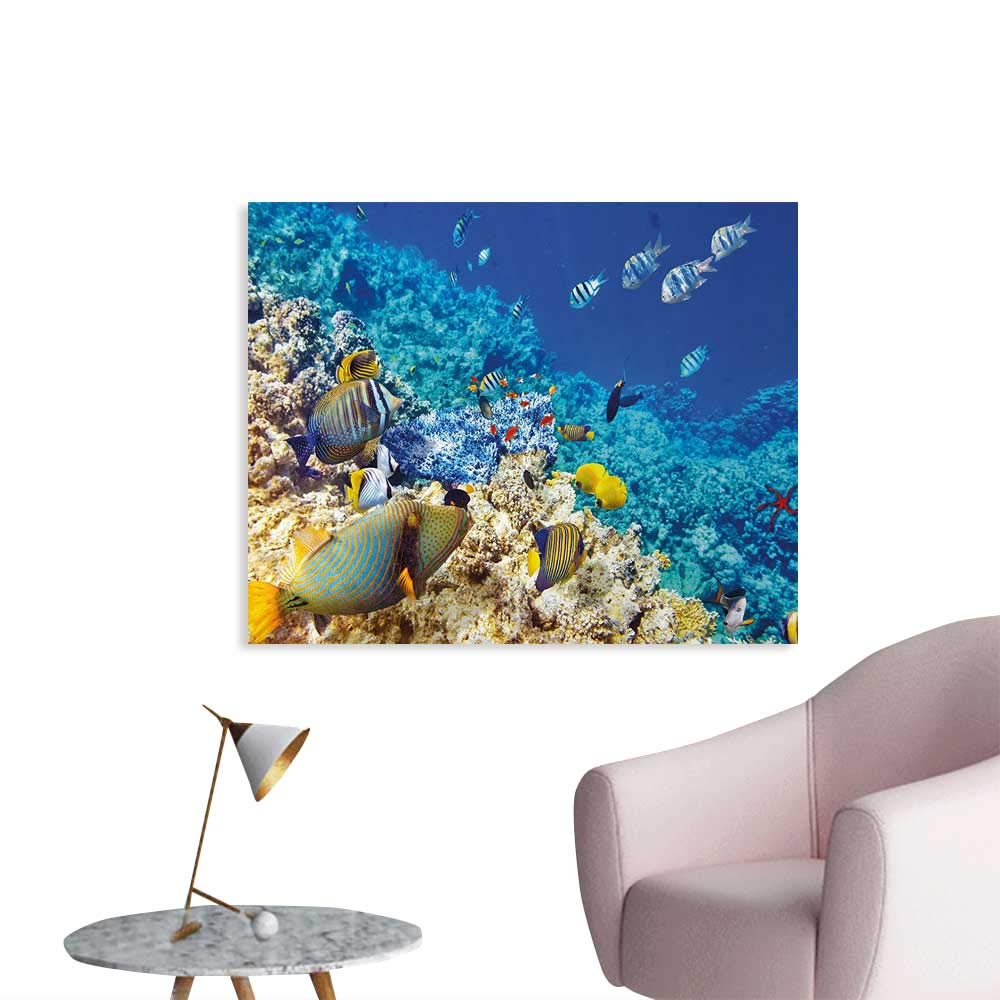 Fish The Office Poster Barrier Reefs Covered Sea with Lagoon and Zebrafish Anemonefish Picture Corridor/Indoor/Living Room Turquoise Light Yellow W28 xL20