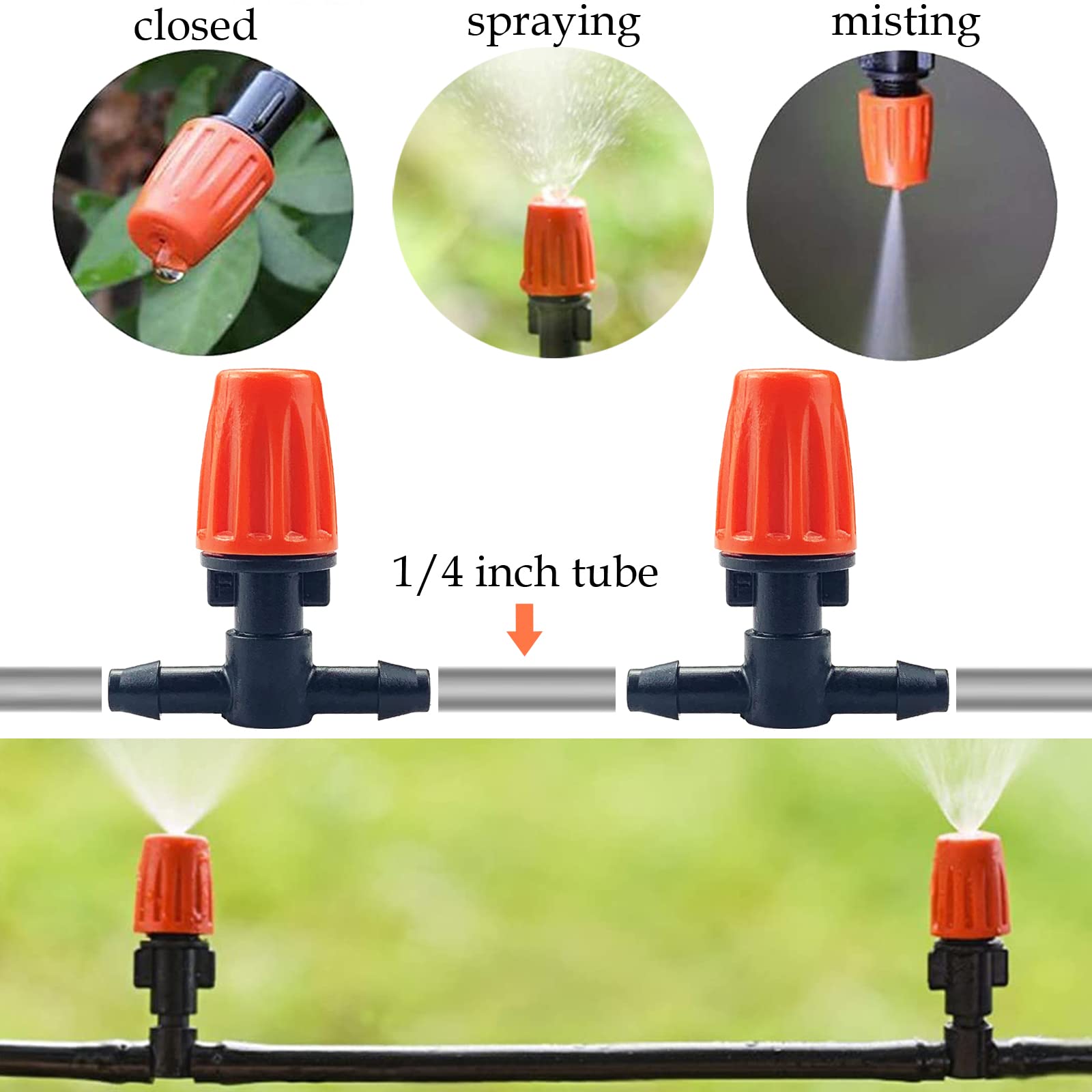 Tesmotor 50pcs justierbarer Garten Bewässerung Nebel Düse Sprinkler, justierbare Bewässerung Tropfer mit Connect Tee für Garten Tropf Bewässerung System