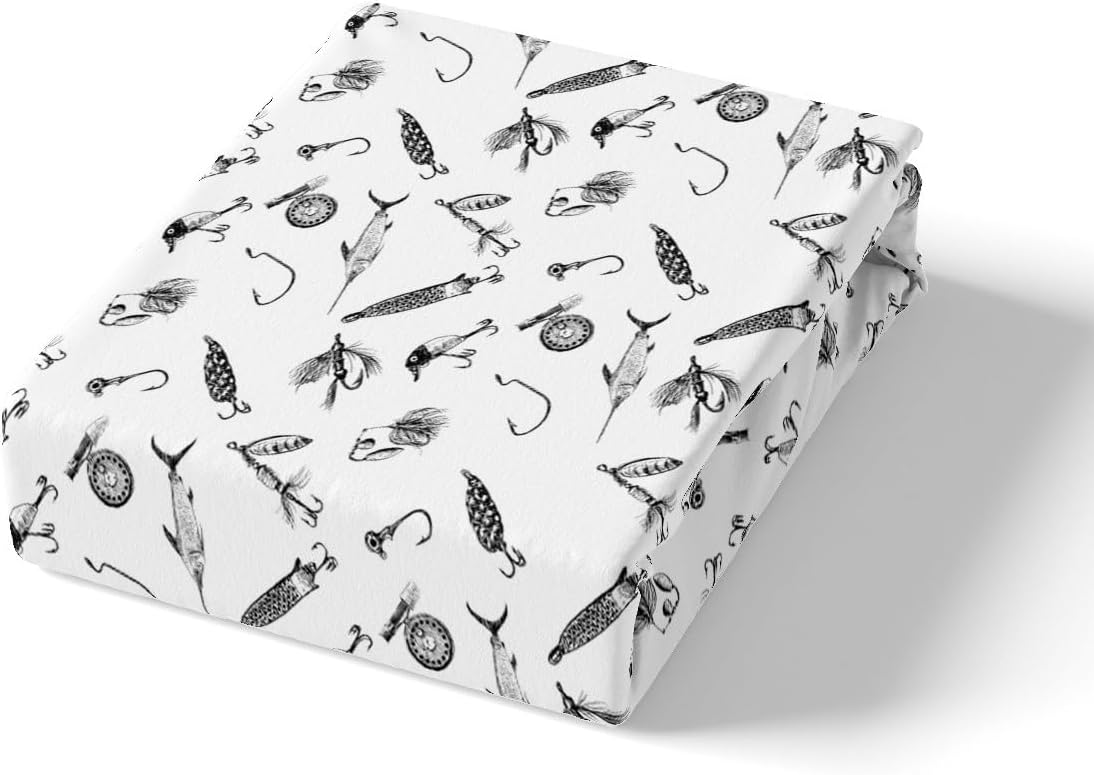 Hunt Fishing Fitted Sheet Twin Size,Sketch Black White Fishhooks Print Bedding Set for Kids Boys Men Adult Bedroom Decor,Hunting Fish Bed Sheets Modern Soft Deep Pocket Sheet,1 Pillowcase