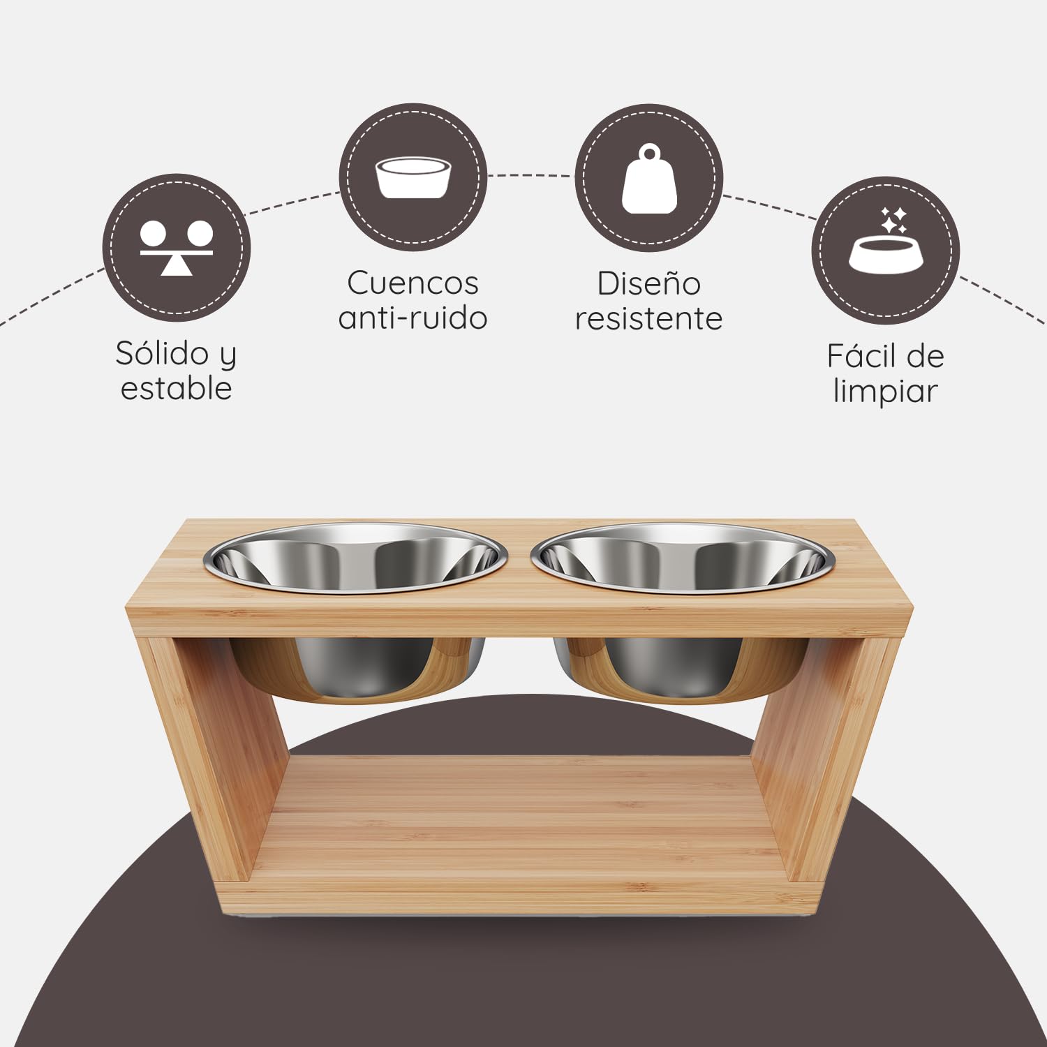 Comedero para Mascotas - Soporte Elevado de Bambu para Perros Medianos y Grandes - Alimentador de Madera - 4 Tazones de Acero Inoxidable: 4X 1650 ml – 44x 23 x 18 - Mediano