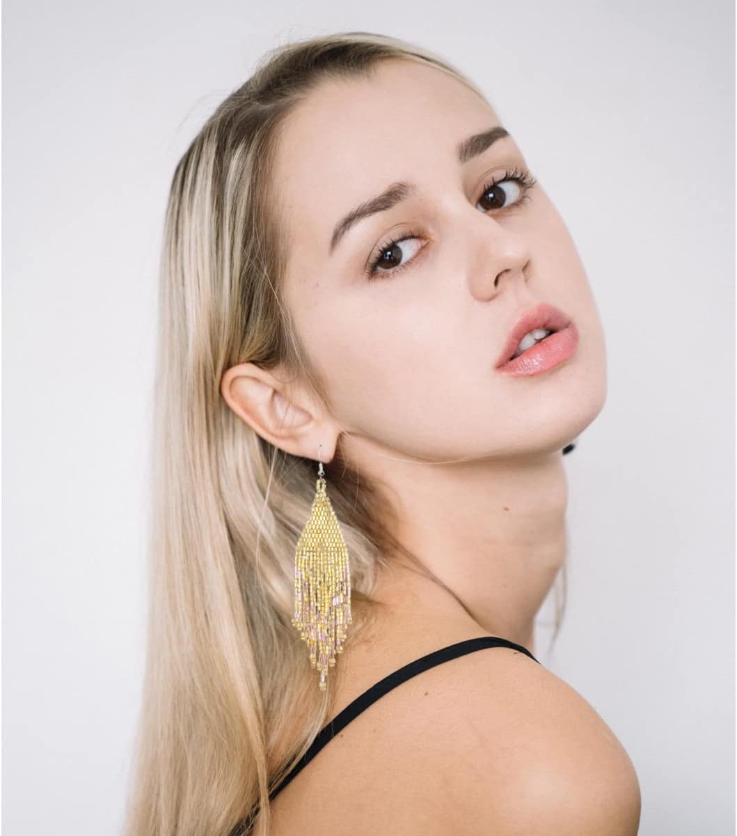 Color Boho Rice Beads Tassel Earrings.Multicolor Long Beaded Dangle Earrings Handmade Woven Drop Earrings Jewelry Gifts for Women - Image 4